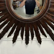 Vintage Brown Wood Convex Wall Mirror Sunburst, Spain, 1940