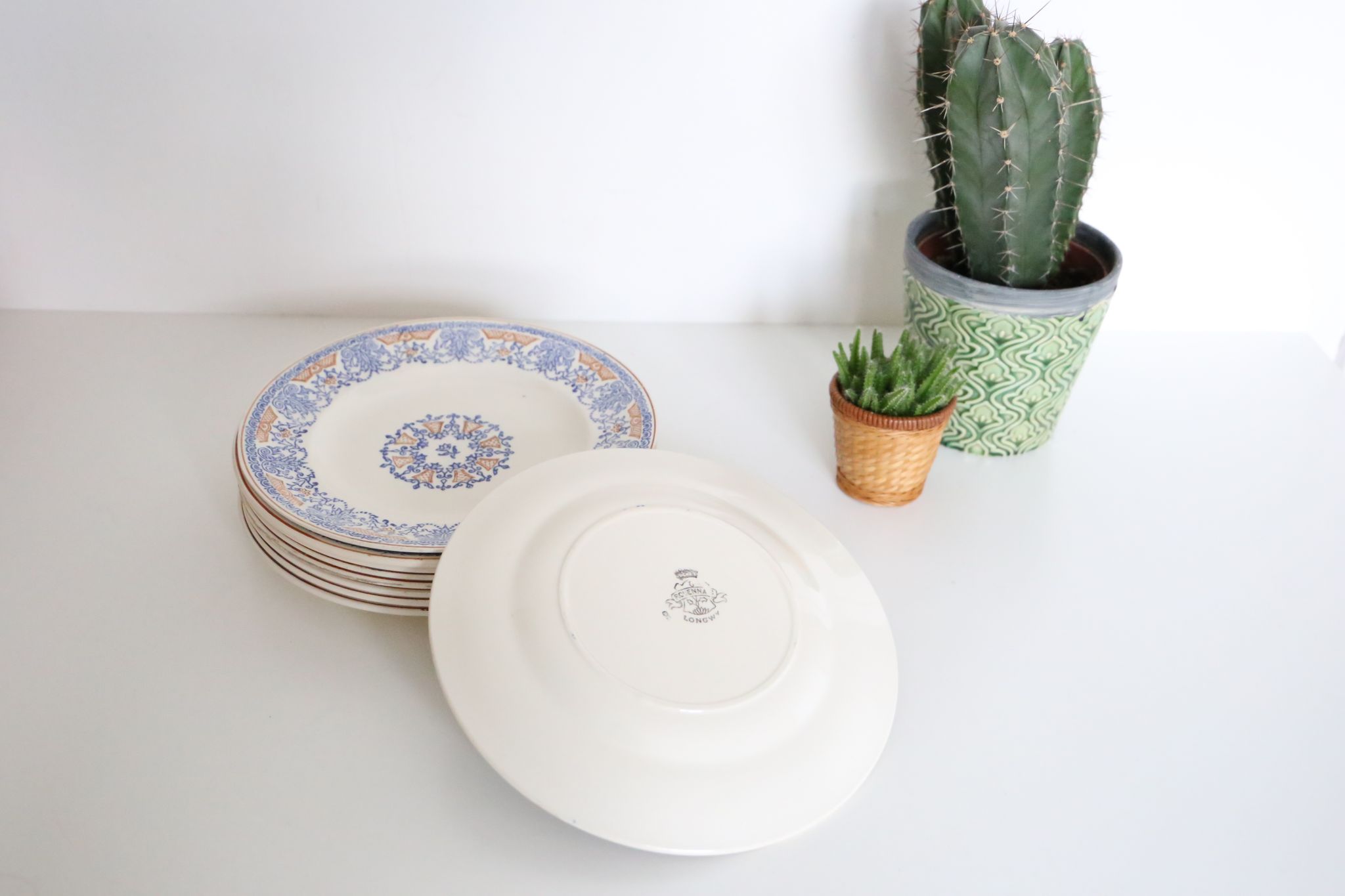 Set of 9 flat plates of Longwy Rouennais motif