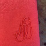 6 large cherry dyed damask cotton napkins, MB monogram, floral weave pattern