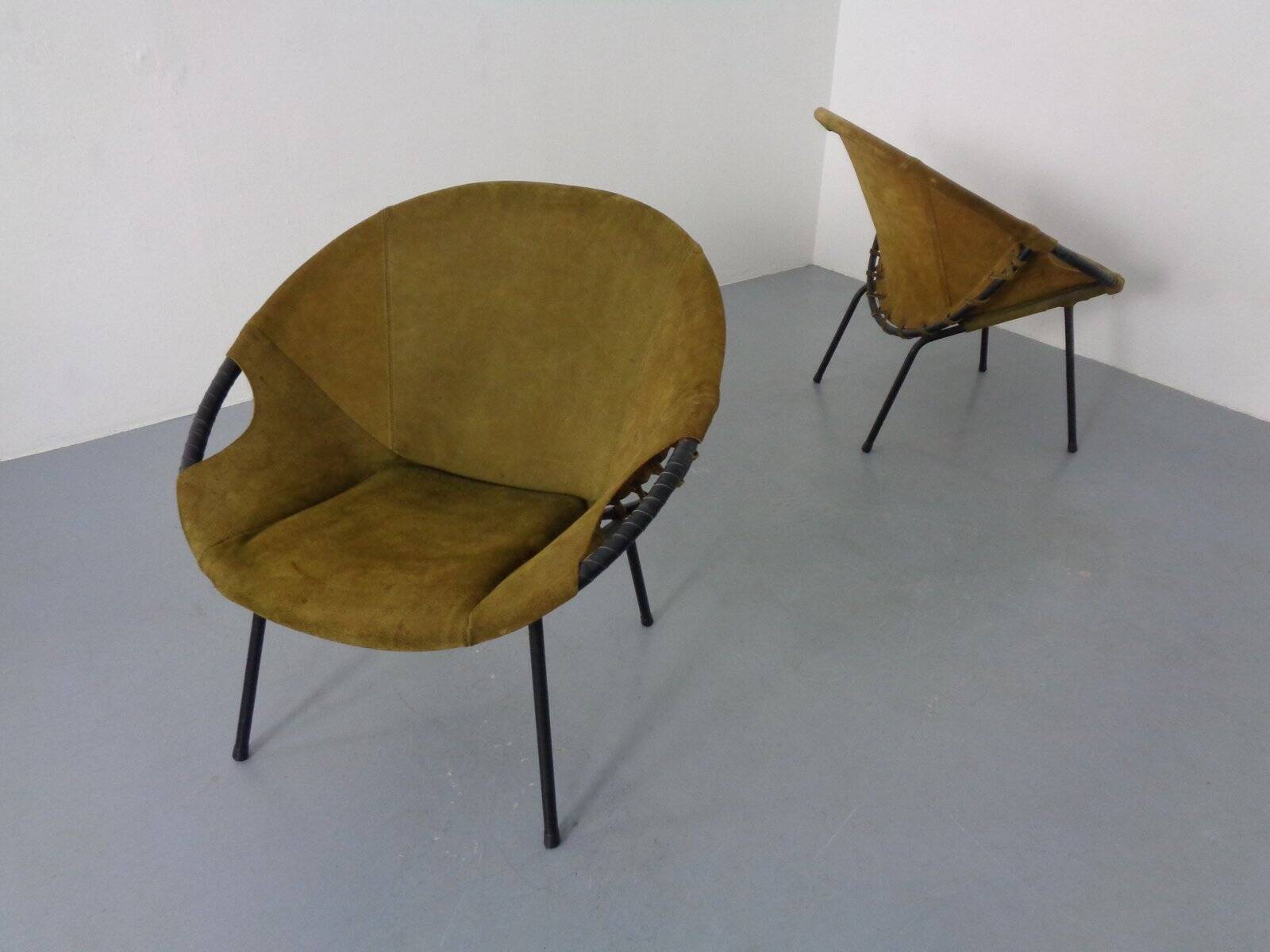 Olive Green Suede Balloon Chairs from Lusch, Germany, 1960s, Set of 2