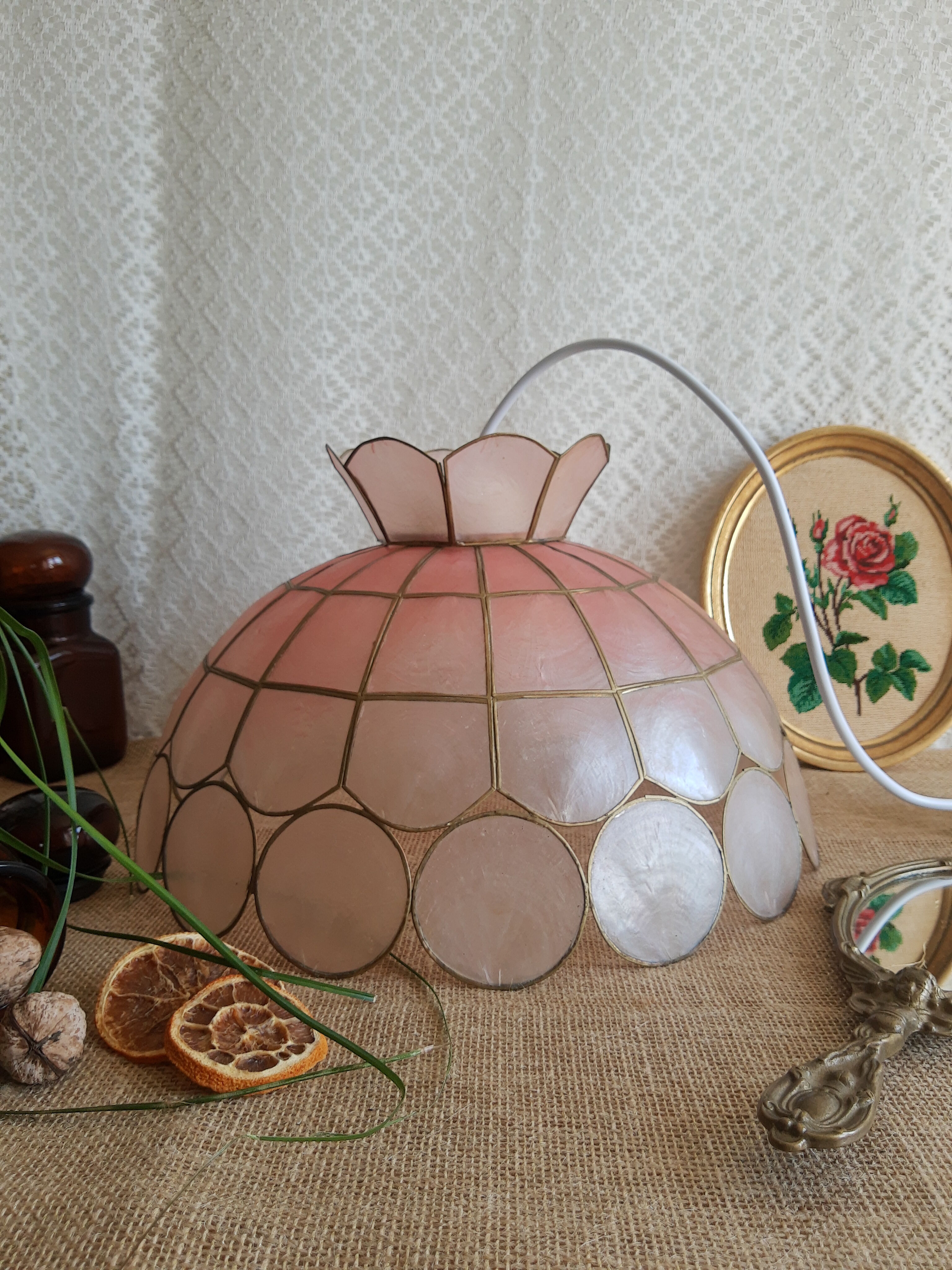 Vintage mother-of-pearl and brass pendant lamp