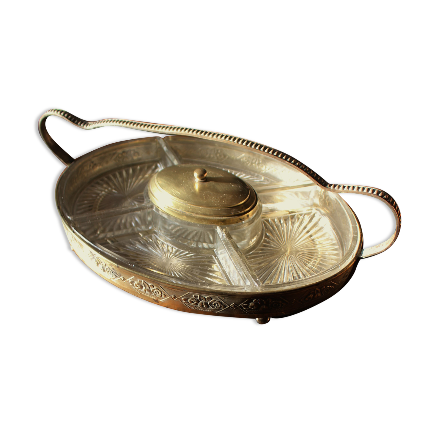 Aperitif tray golden metal brass glass compartments