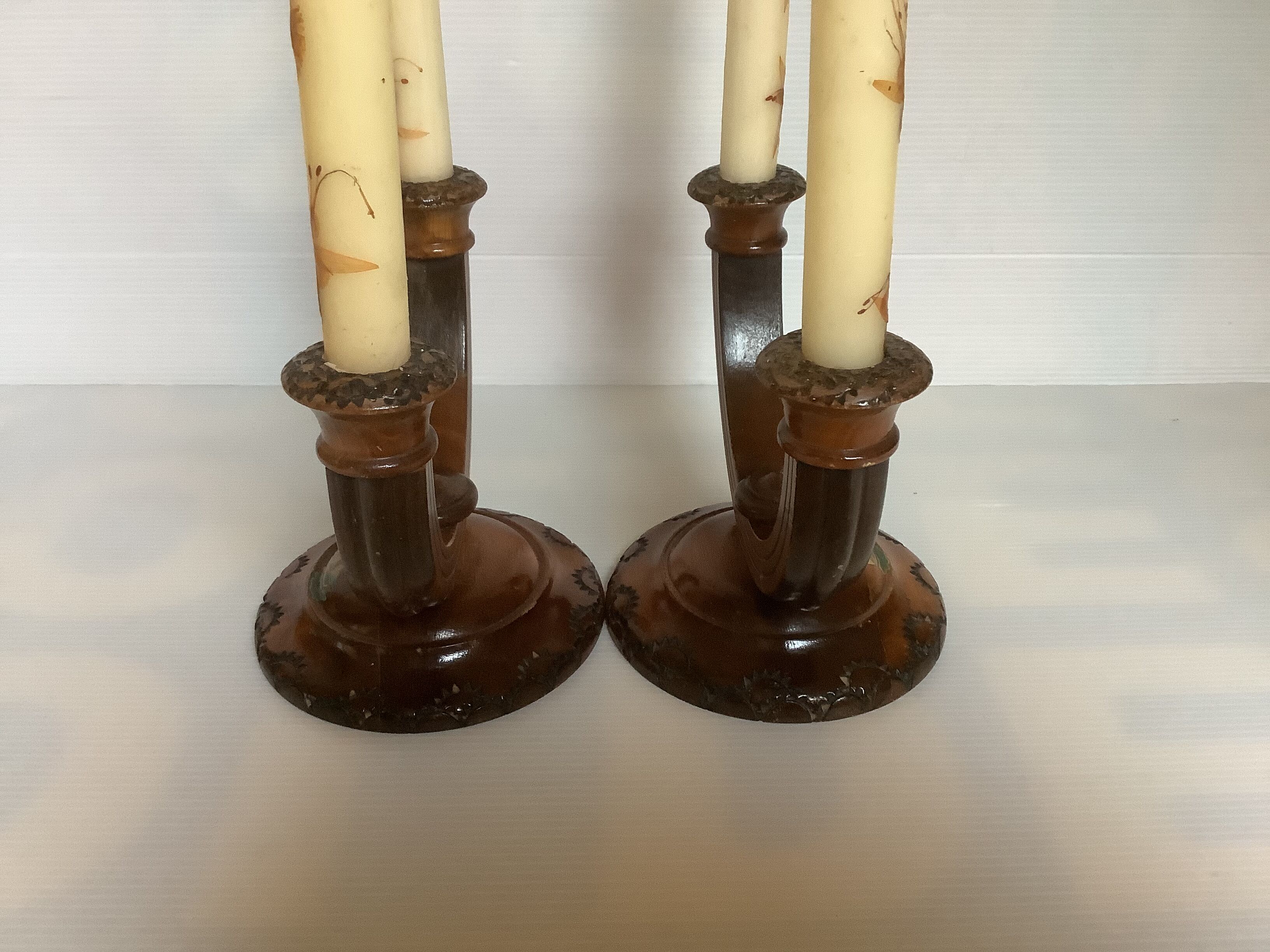 Old pair of brutalist wooden candlesticks dried flower candles
