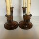Old pair of brutalist wooden candlesticks dried flower candles