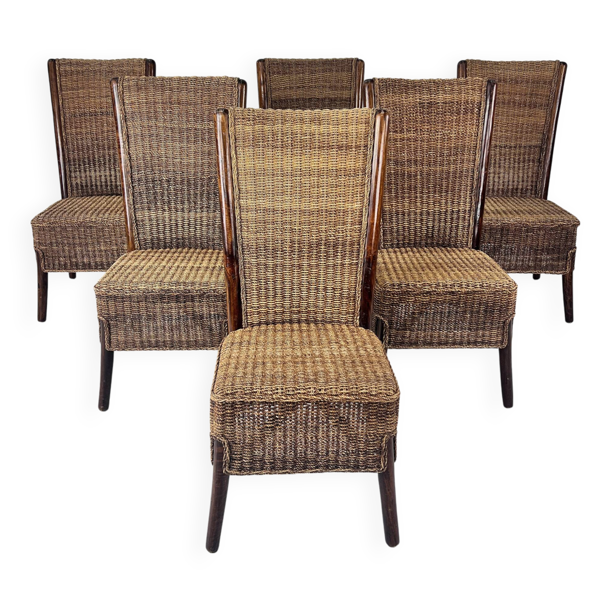 Set of 6 French Rope and Wood Dining Chairs, France, 1970s