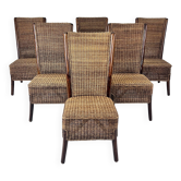 Lot de 6 chaises de salle à manger en corde et bois, France, années 1970