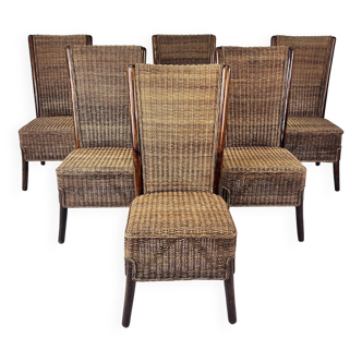 Lot de 6 chaises de salle à manger en corde et bois, France, années 1970