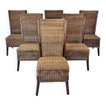 Set of 6 French Rope and Wood Dining Chairs, France, 1970s