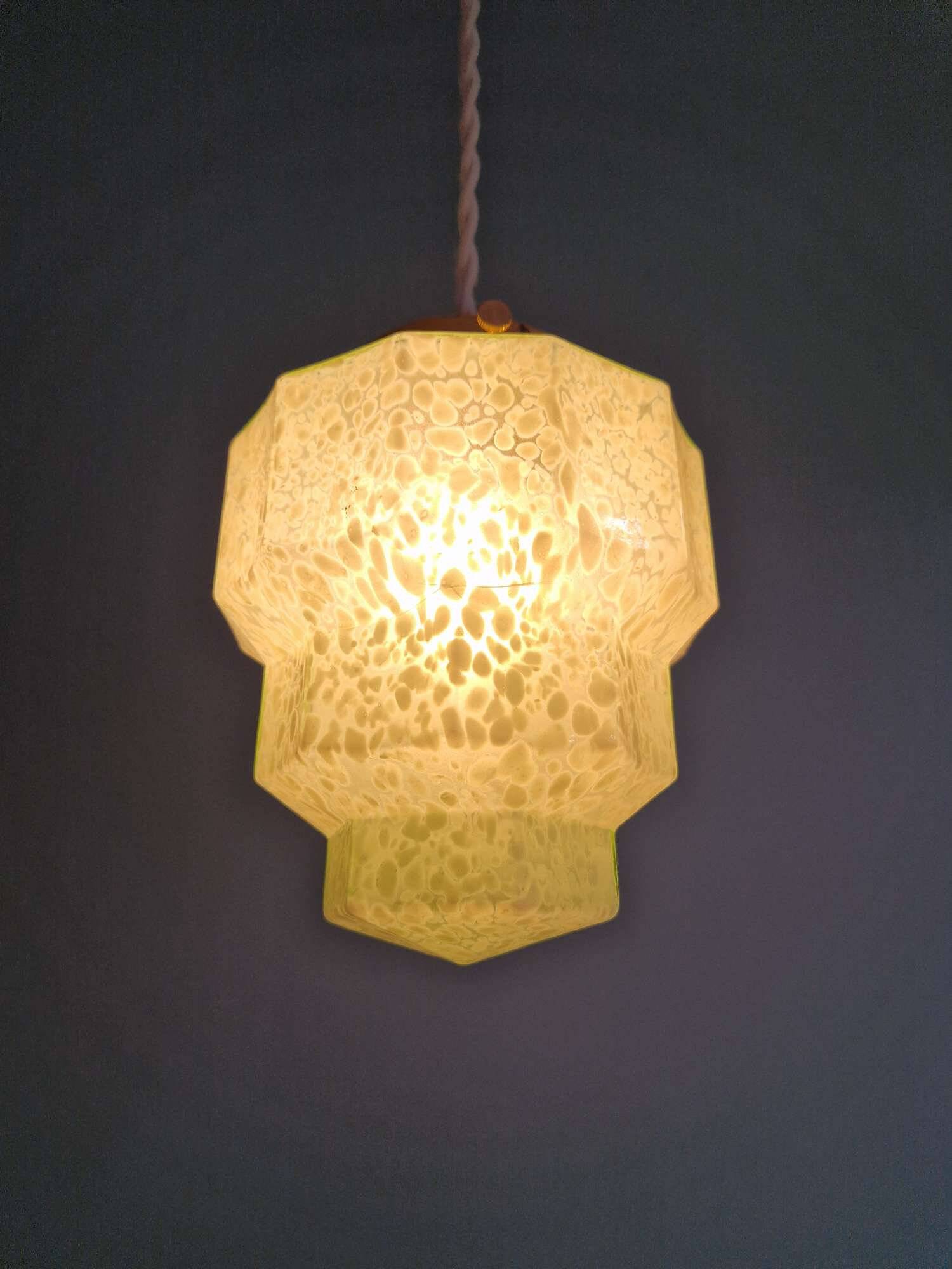 Art Deco skyscraper pendant light in speckled glass, 1920s-30s