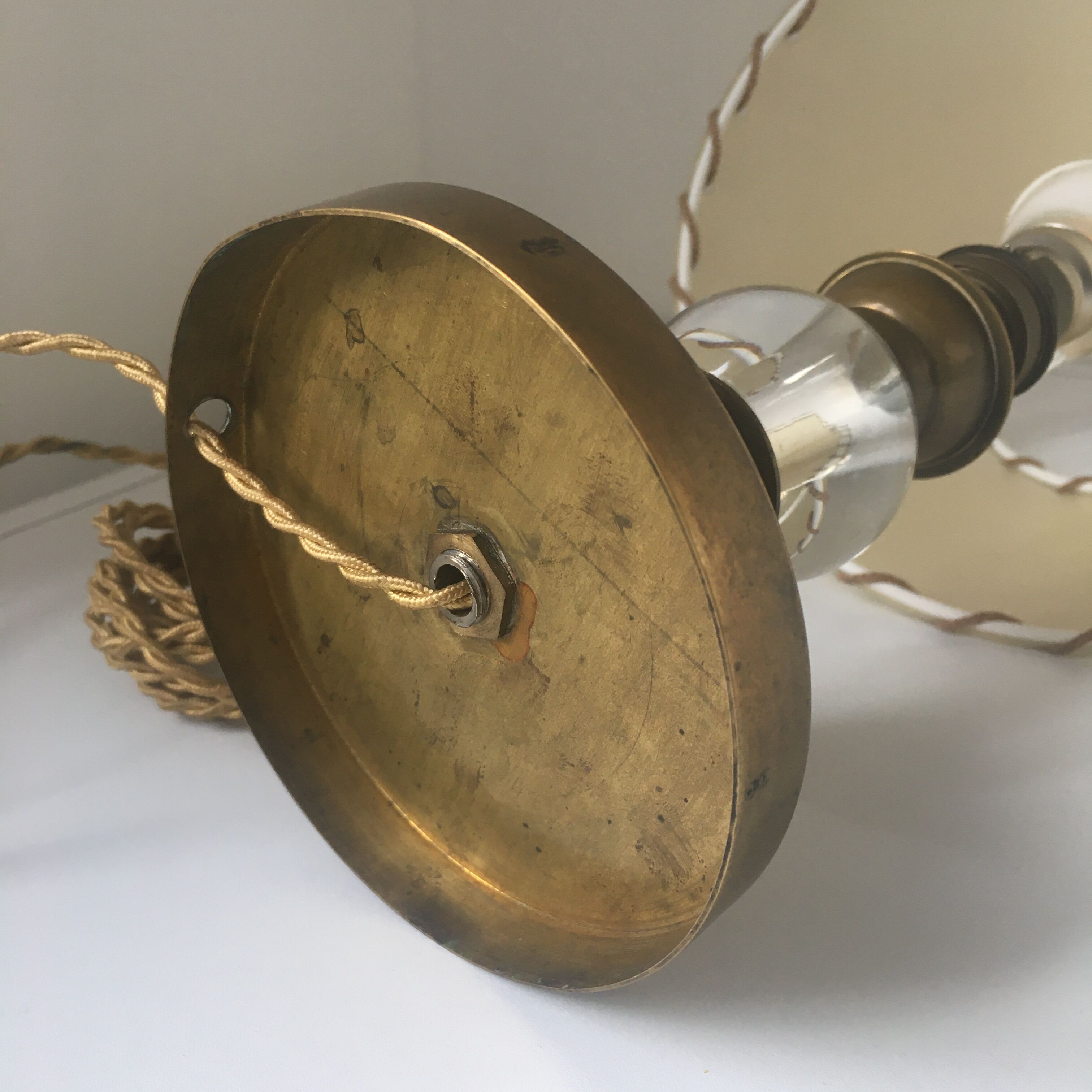 Modernist-era glass and brass lamp