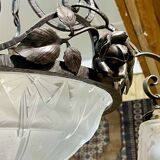 Art Deco chandelier in glass and wrought iron signed Muller Frères Luneville, 3 lights