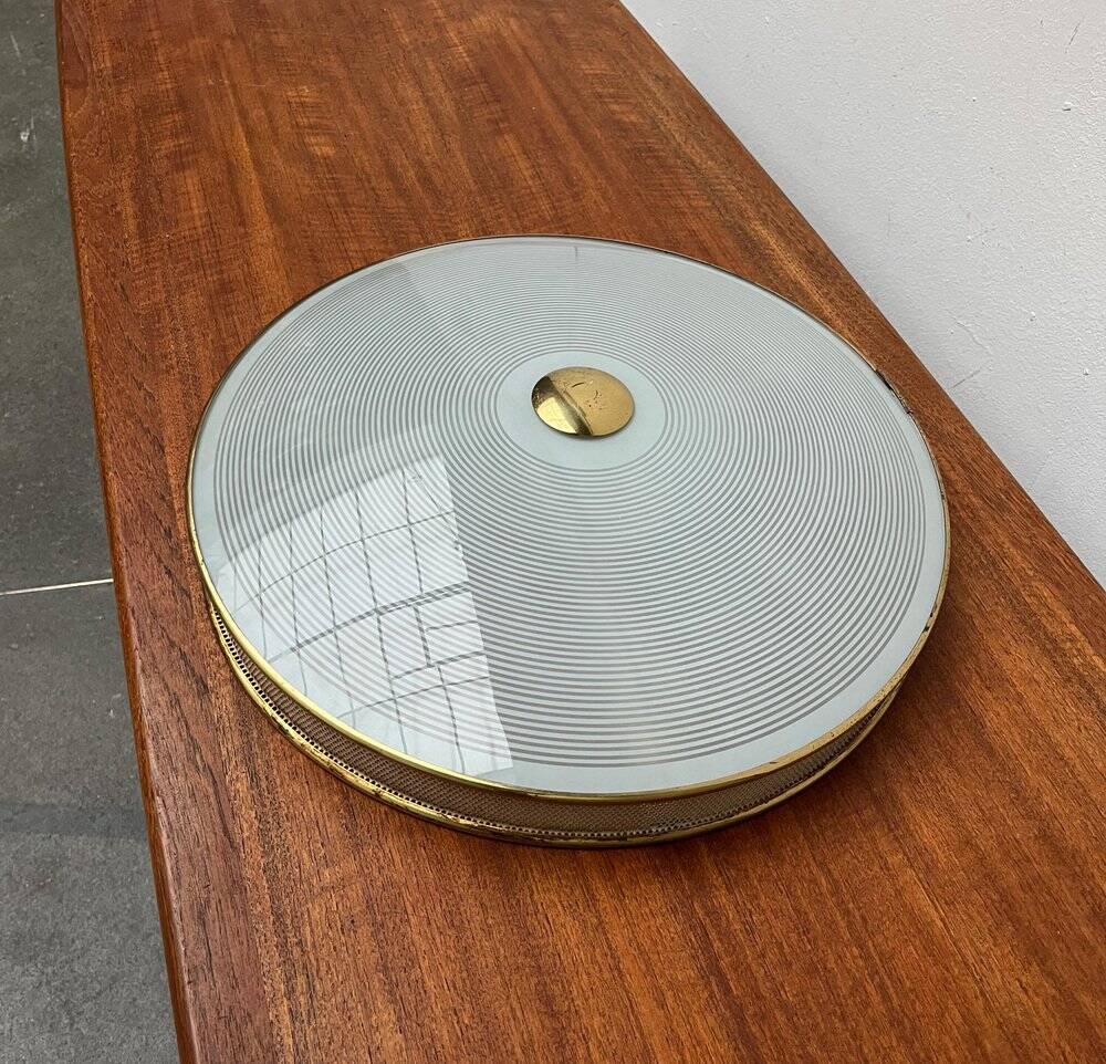 Metal ceiling pendant lamp, made of glass and metal, German mid-century modern style, 1960s.