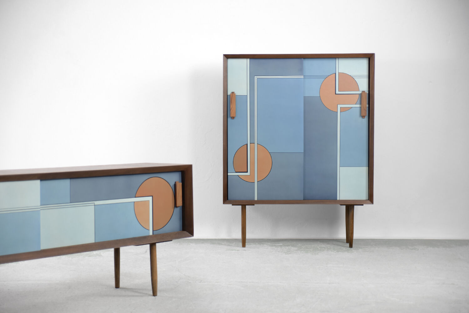 Set of 2 mid-century modern scandinavian hand-painted birch cabinet & sideboard, 1960s