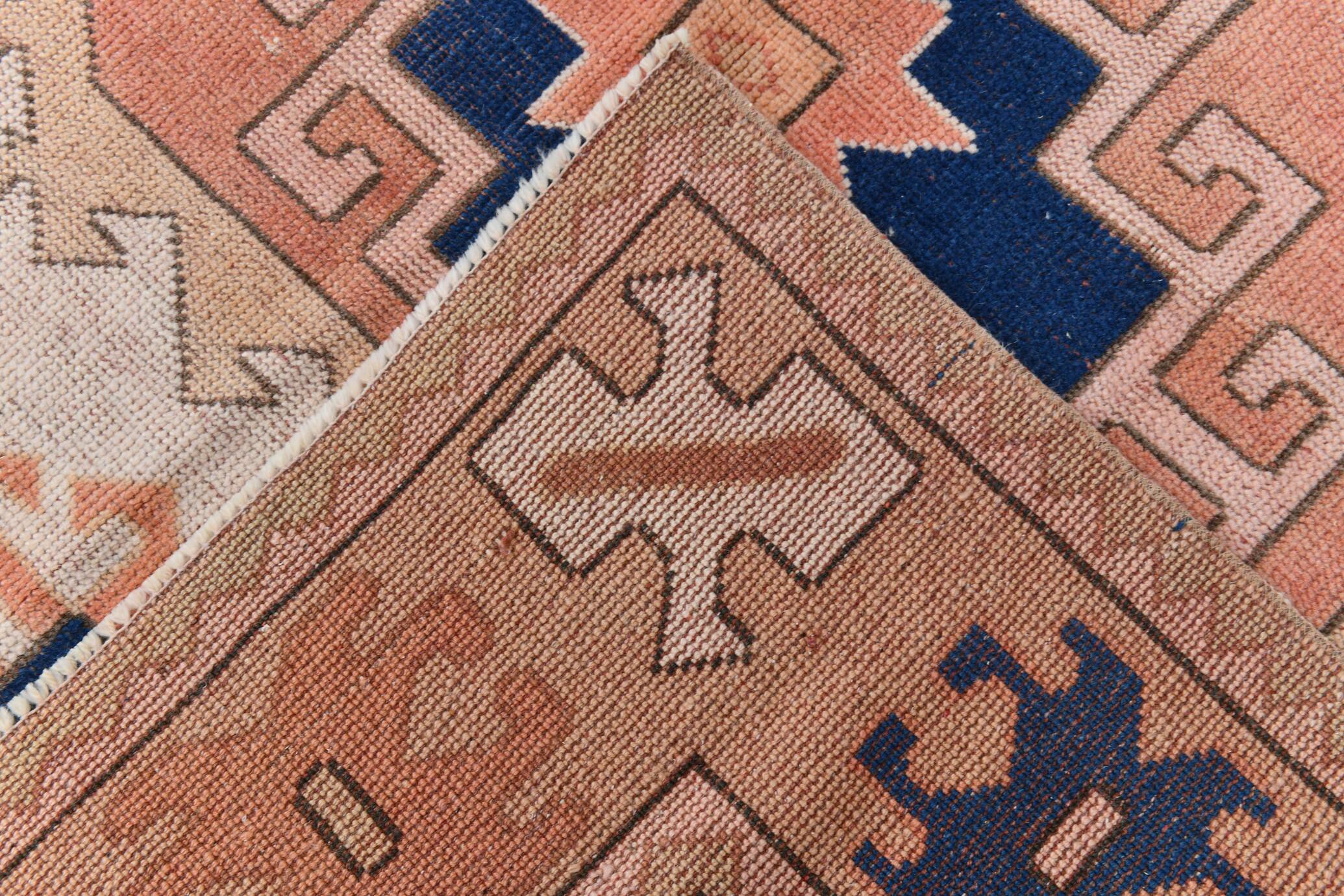 Tapis Kilim Ancien, Motifs Géométriques,Tons Pêche & Bleu Marine,165x263 Cm