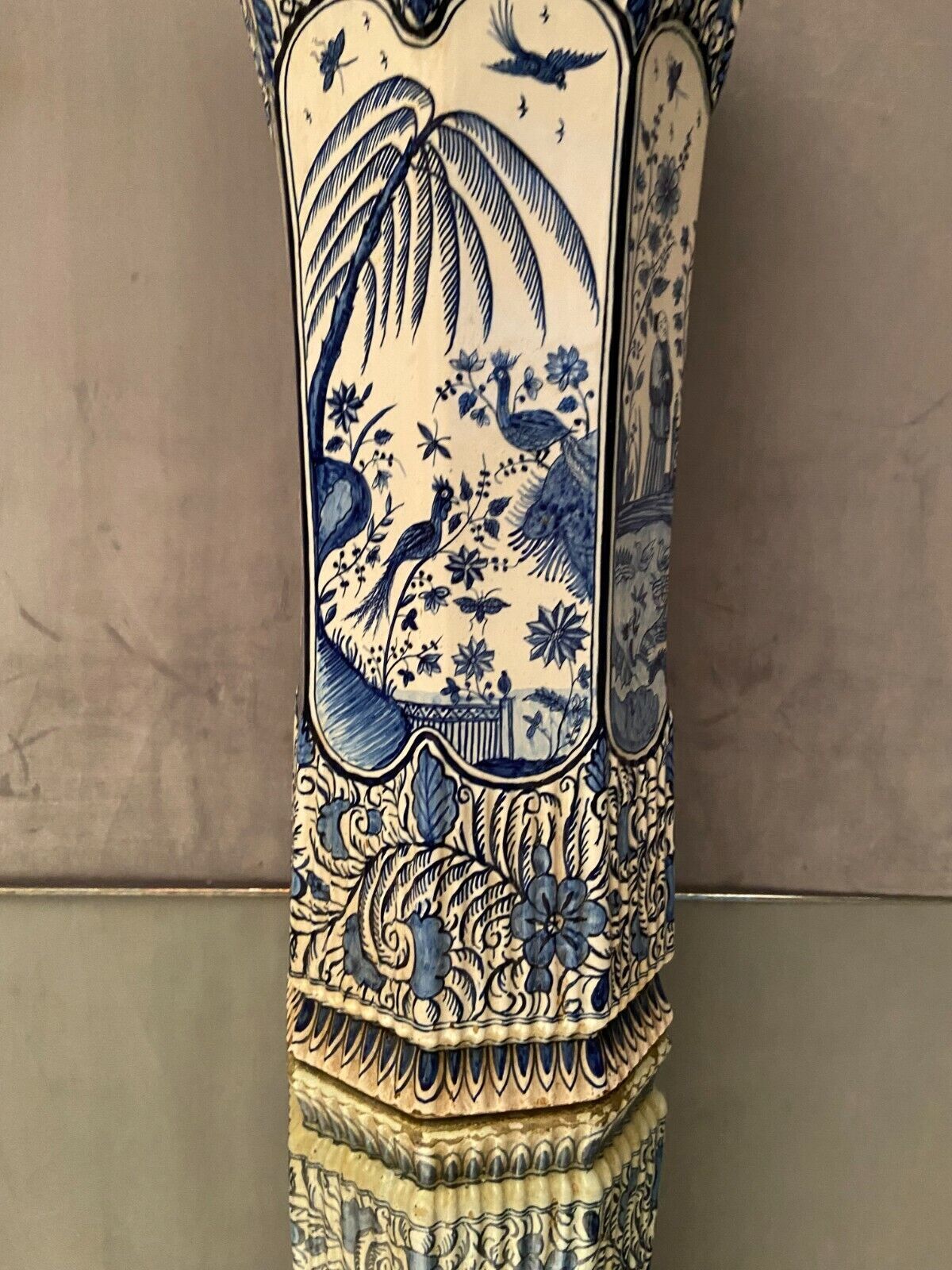 Umbrella holder vase earthenware Desvres nineteenth decoration Far East Pagoda 62.5 cm