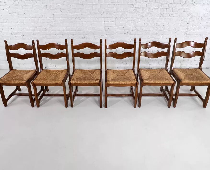 Set of 6 1950s chairs in wood and straw