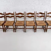 Set of 6 1950s chairs in wood and straw