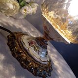 Baroque inspired table lamp, bronze, ceramic flowers and glass globe