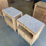 2 antique bedside tables made of solid wood and marble – sandblasted