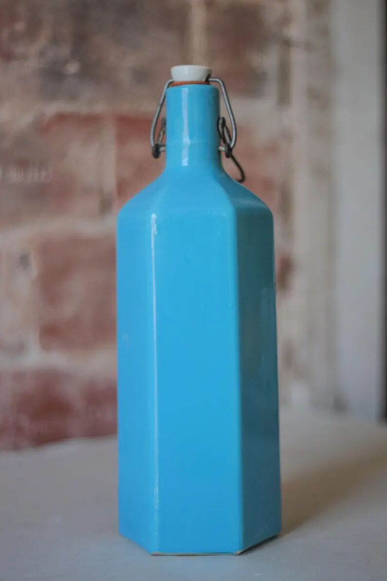 Bouteille de limonade en grès vernissé bleu , grès d'Alsace, poterie, collection
