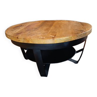 Round coffee table in wood and wrought iron