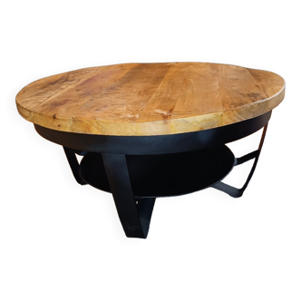 Table basse ronde en bois et fer forgé