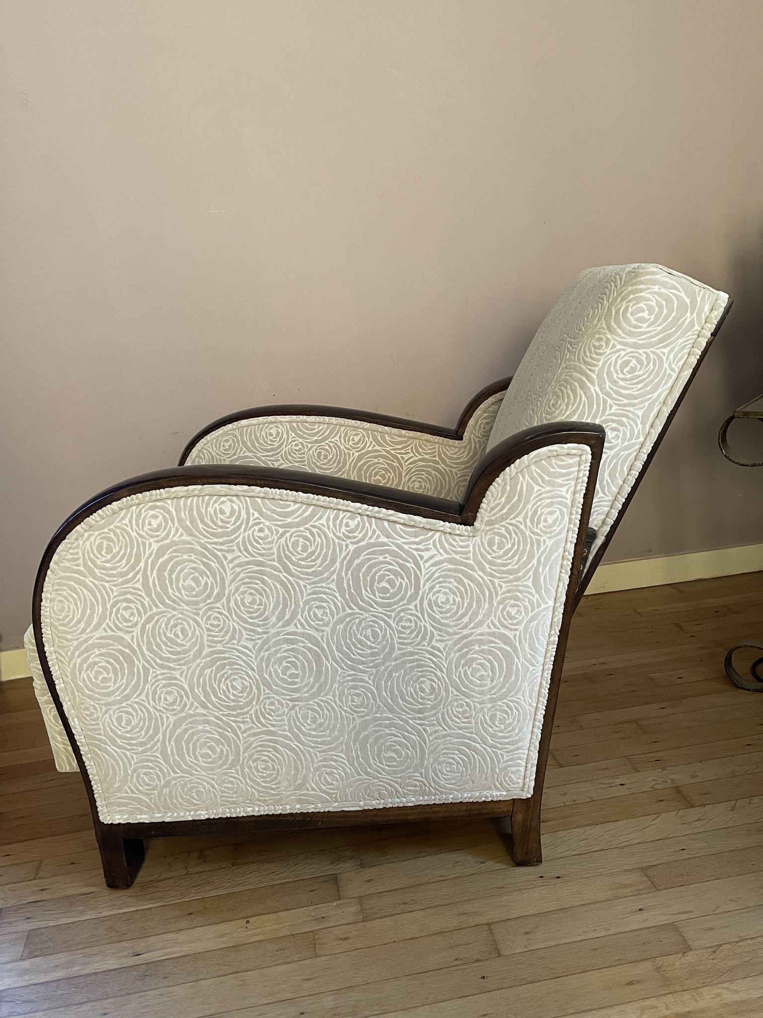 Art-deco convertible armchair in tinted beech and ivory-colored cotton velvet fabric