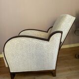 Art-deco convertible armchair in tinted beech and ivory-colored cotton velvet fabric