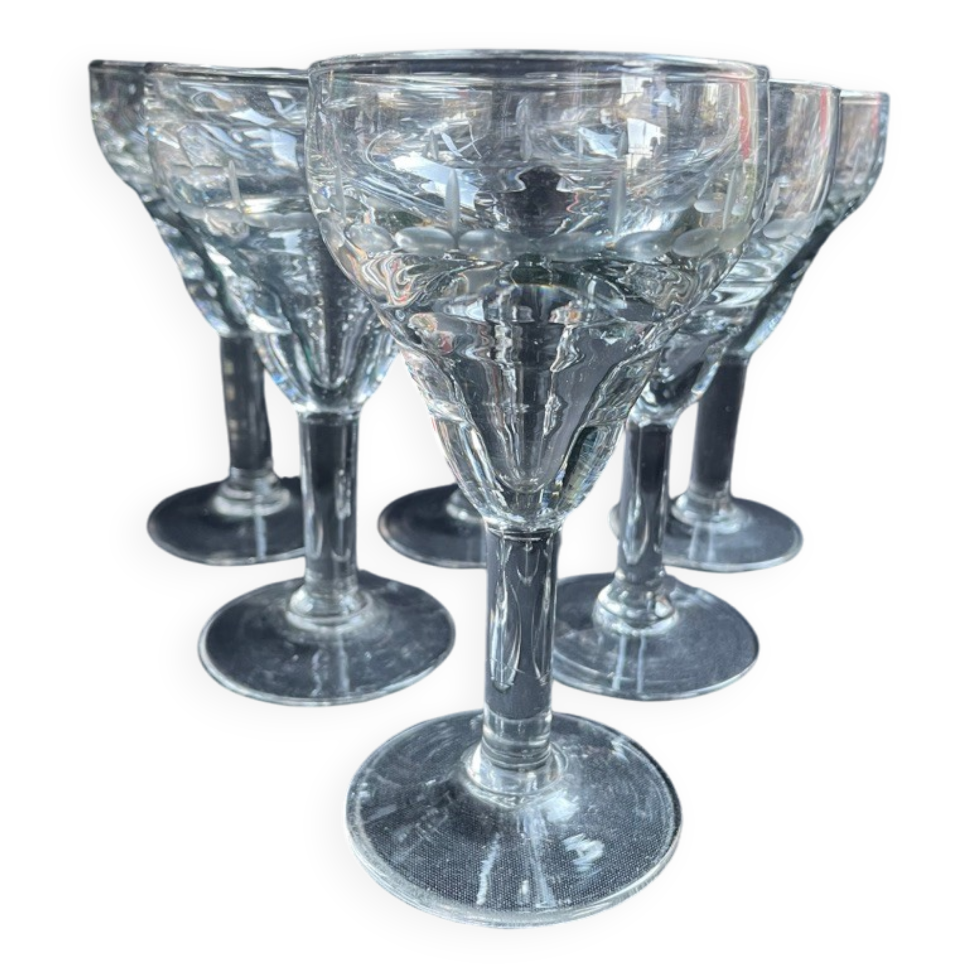 6 old blown and cut bistro glasses