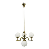 1930s Art Deco Brass and Opaline Glass Globe Chandelier, Czechoslovakia