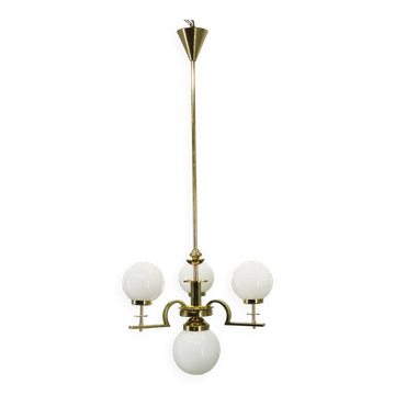 1930s Art Deco Brass and Opaline Glass Globe Chandelier, Czechoslovakia