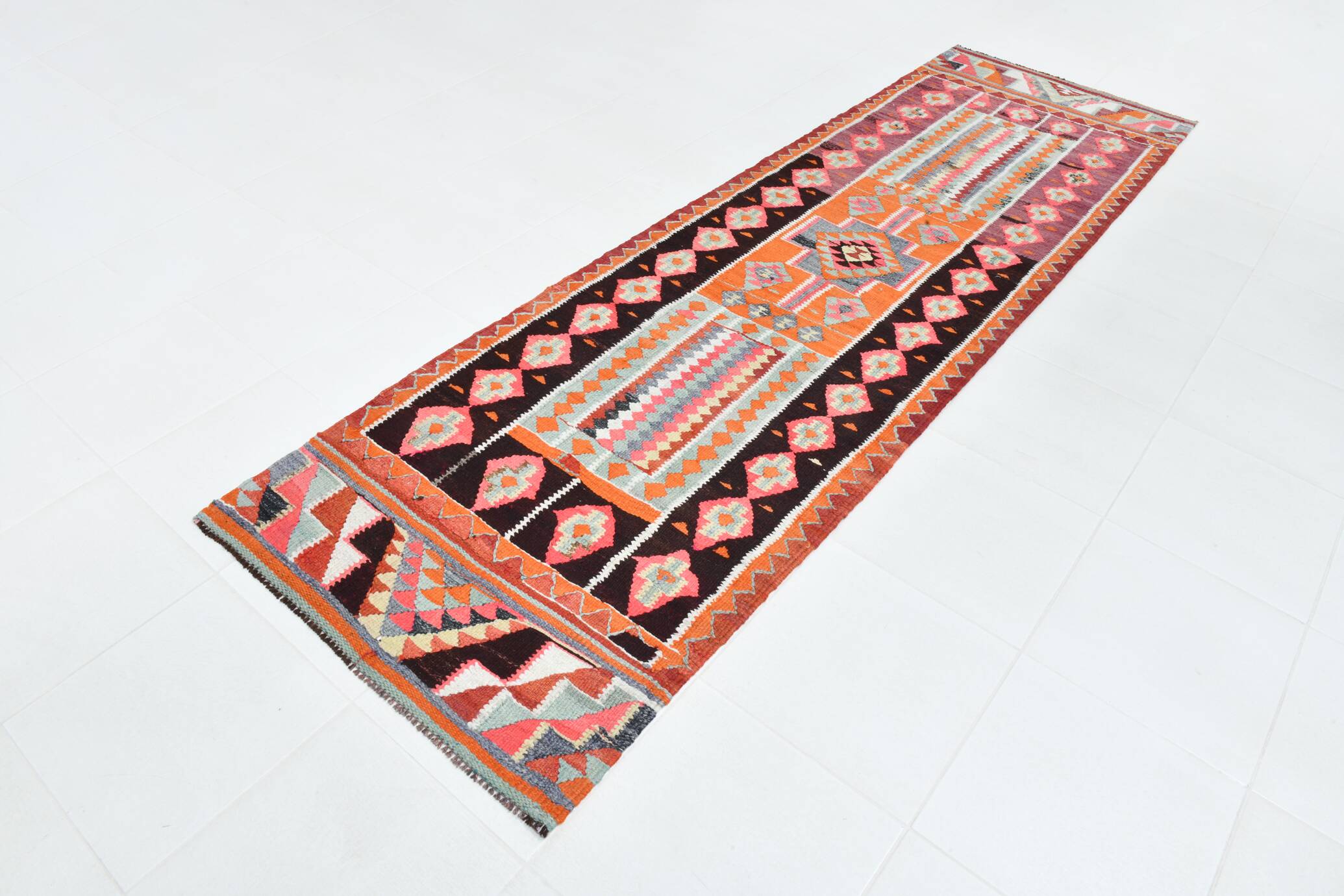 3x11 Burgundy & Orange Vintage Runner Rug, 95x325Cm