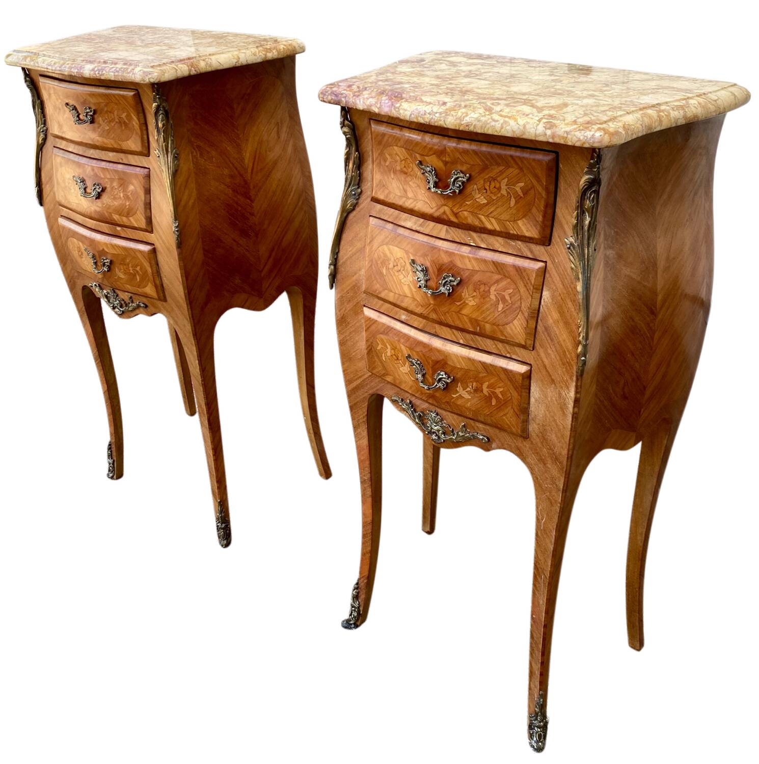 Pair of bedside tables in marquetry – veined marble top – Louis XV style
