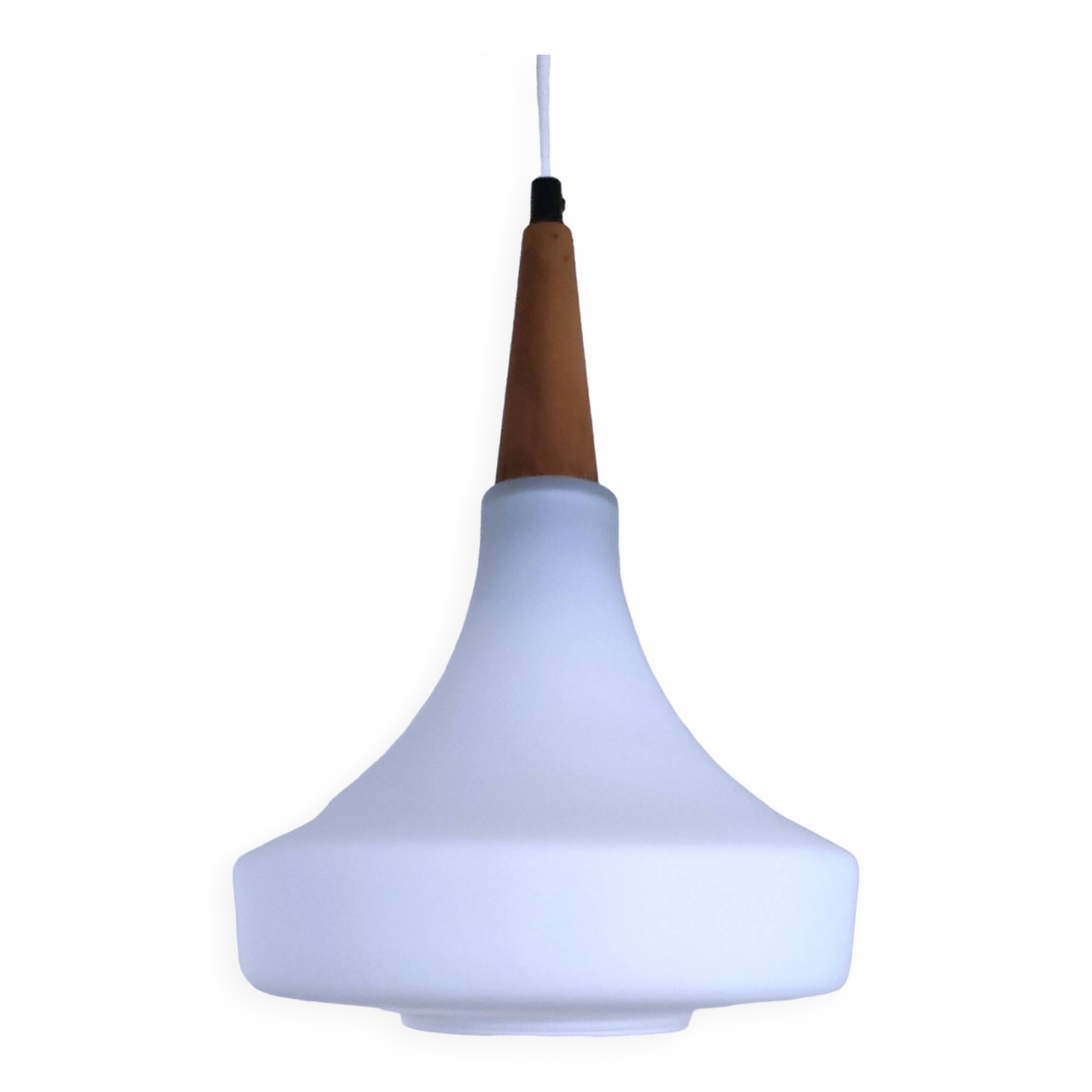 Suspension verre opalin et bois design années 70