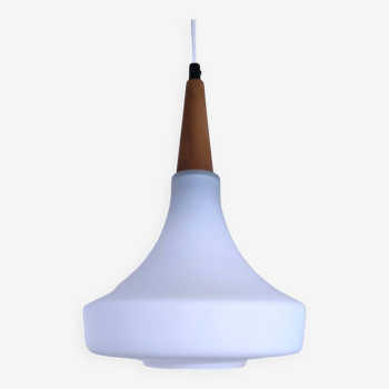 70s designer opaline glass and wood pendant light