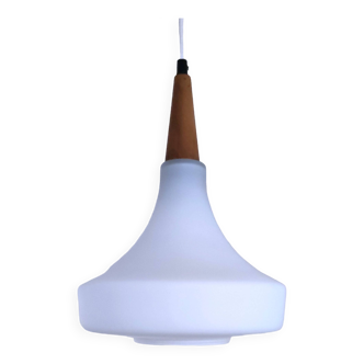 70s designer opaline glass and wood pendant light