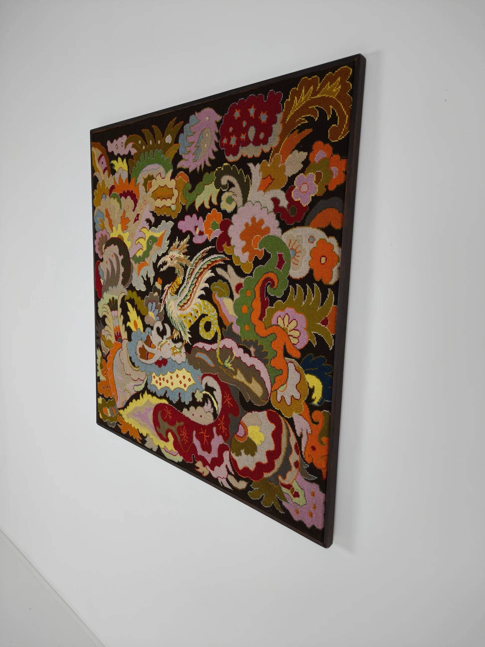 Original French hand-embroidered textile – Griffin & floral design – c.1930–1940