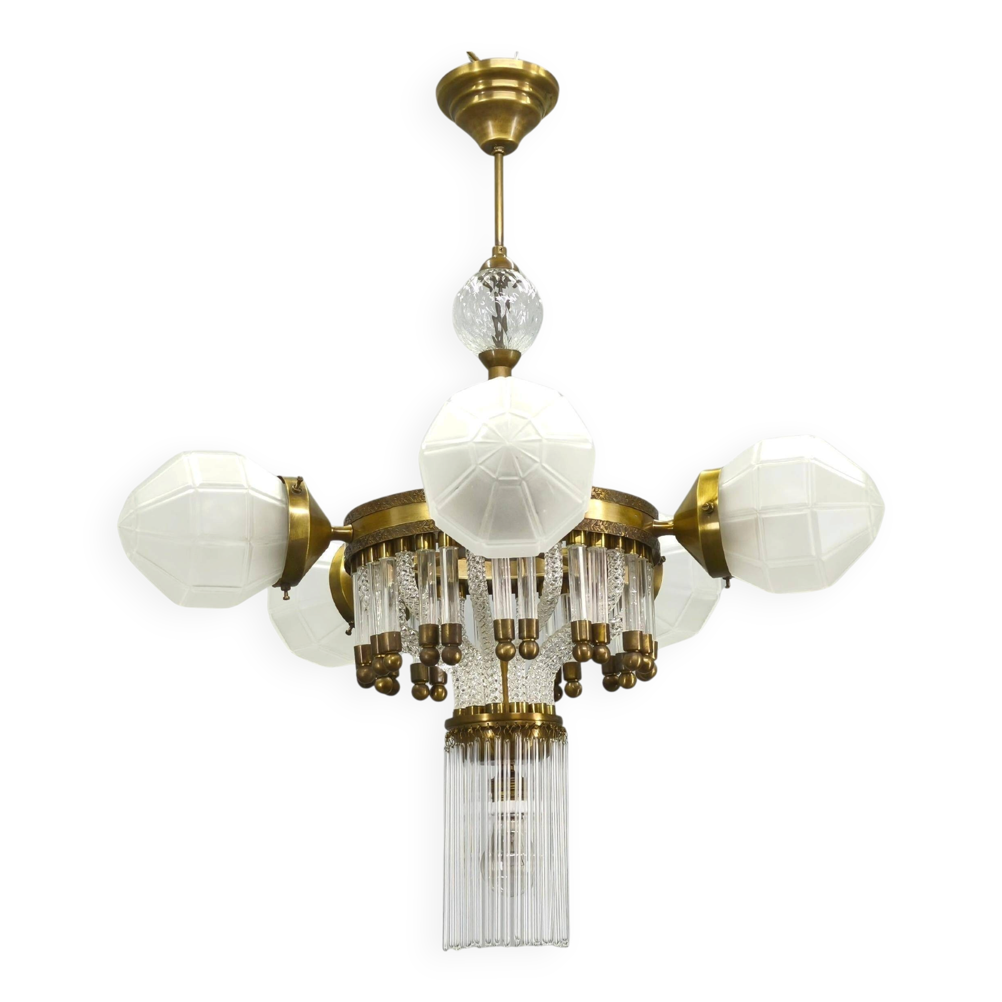 Czech Art Deco Brass and Glass Chandelier, 1950s