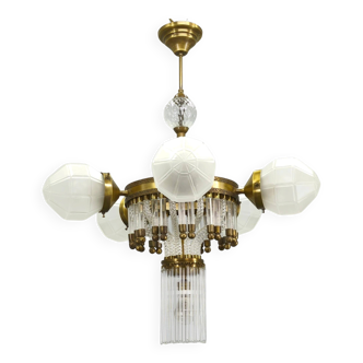 Czech Art Deco Brass and Glass Chandelier, 1950s