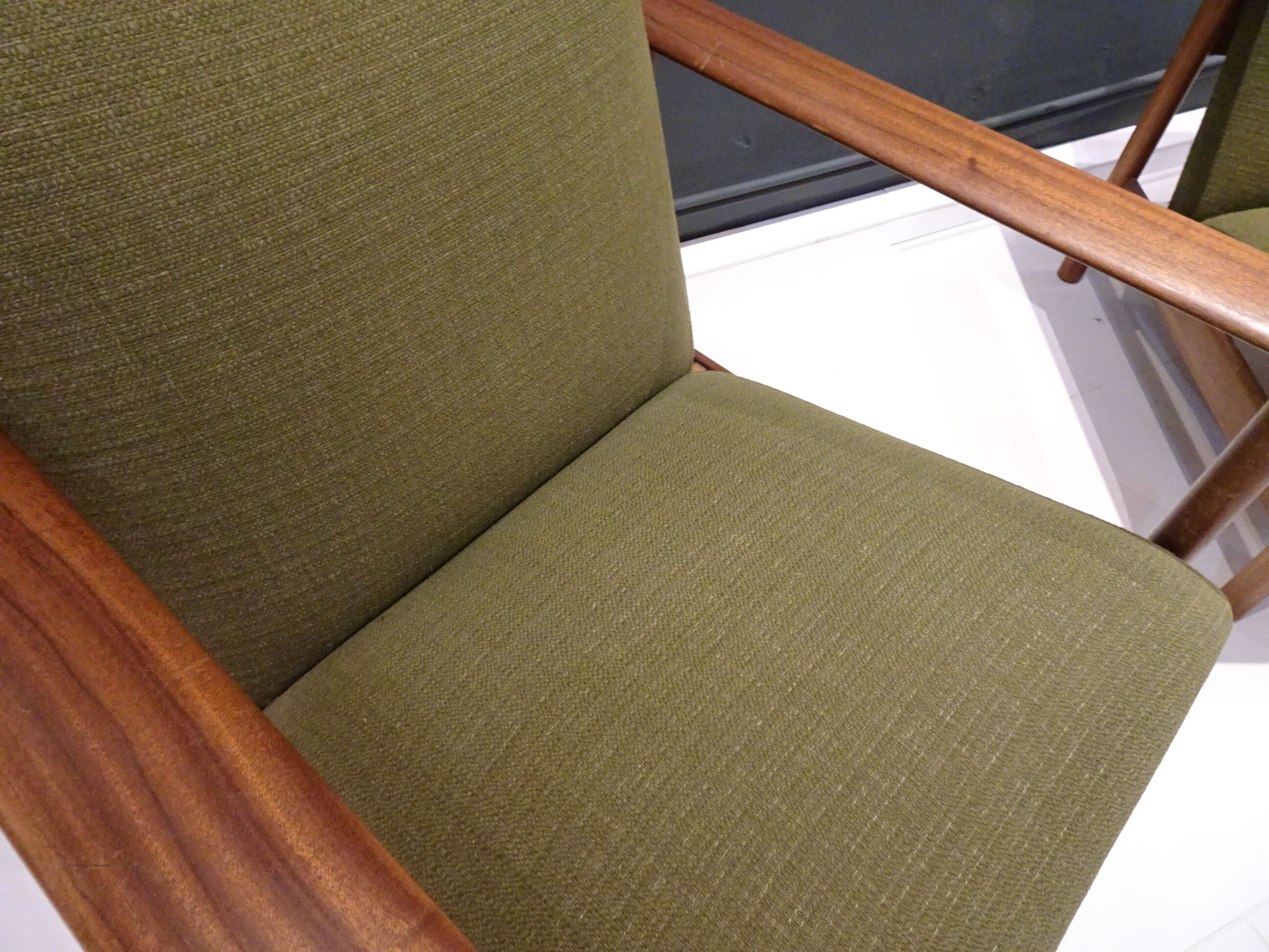Pair of scandinavian armchairs in green fabric and teak