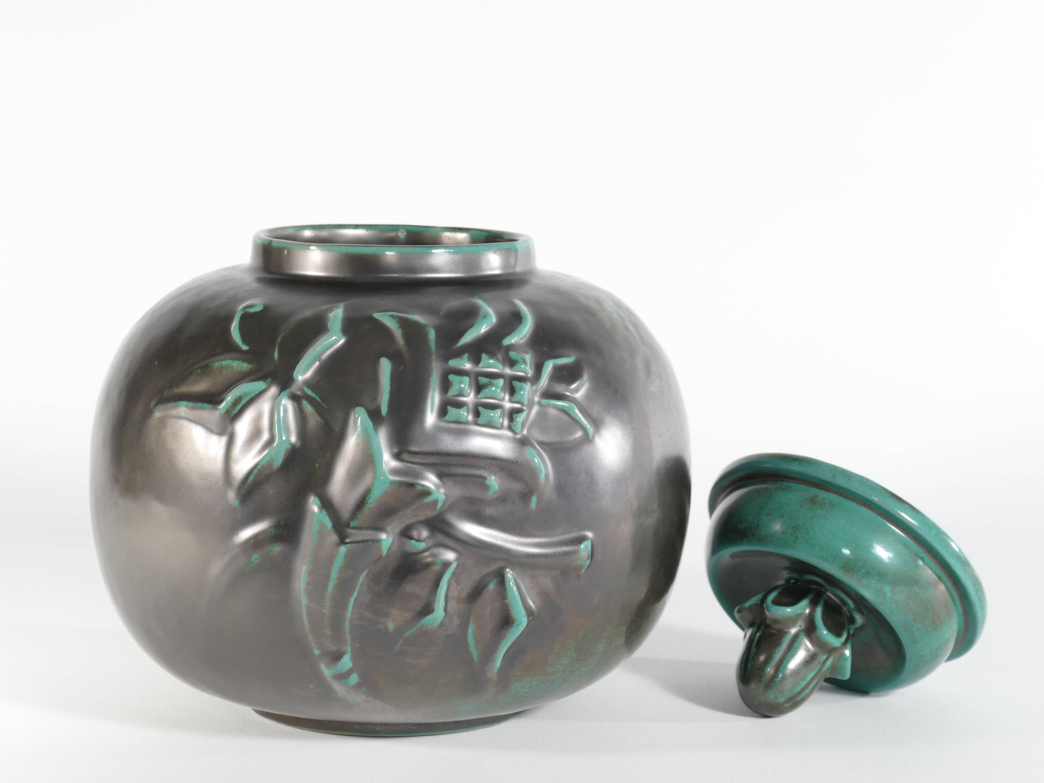 Large Art Deco Green Lidded Jar by Anna-Lisa Thomson for Upsala-Ekeby, 1930's