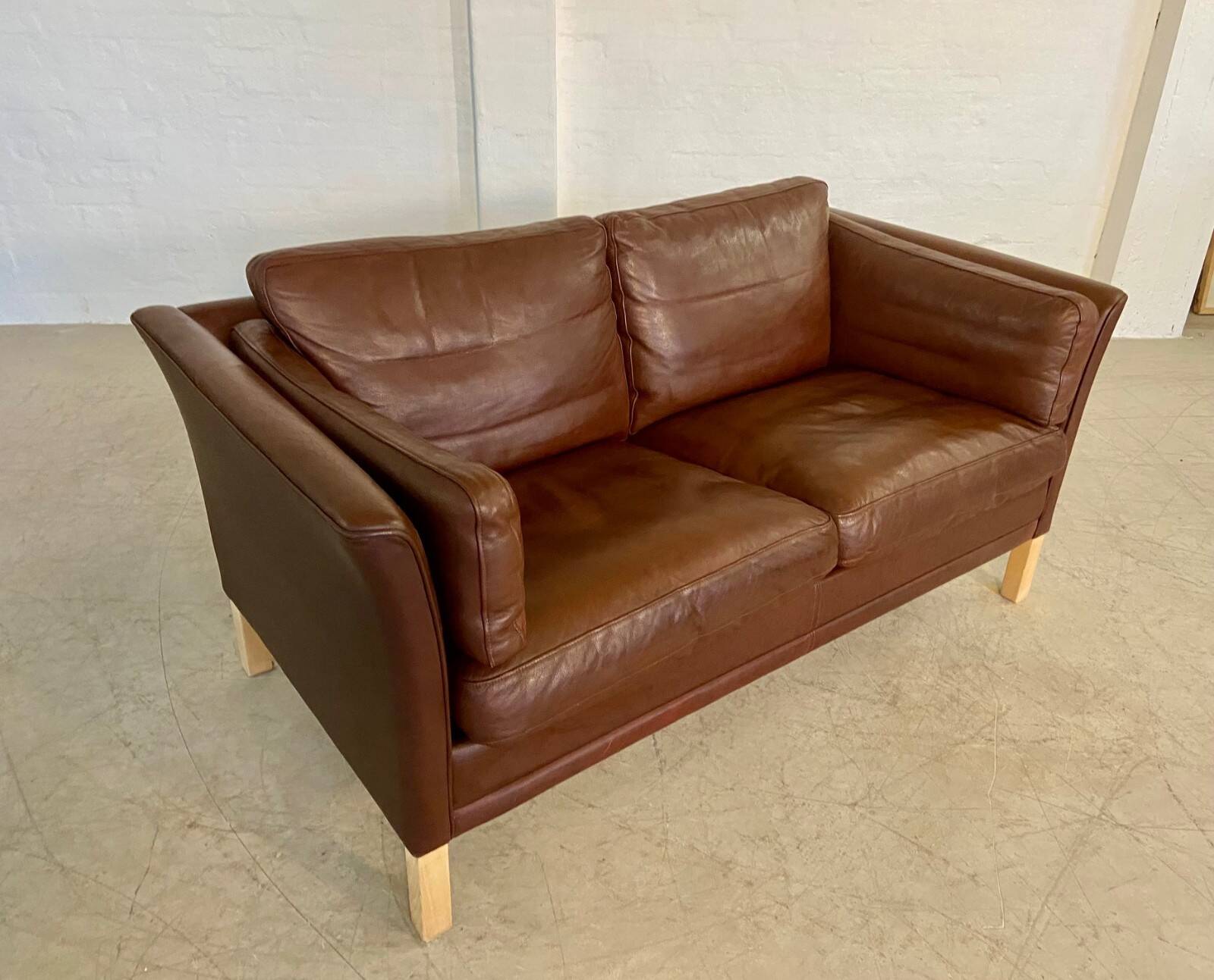 Danish mid-century vintage Mogens Hansen 2 person cognac brown leather sofa 60s