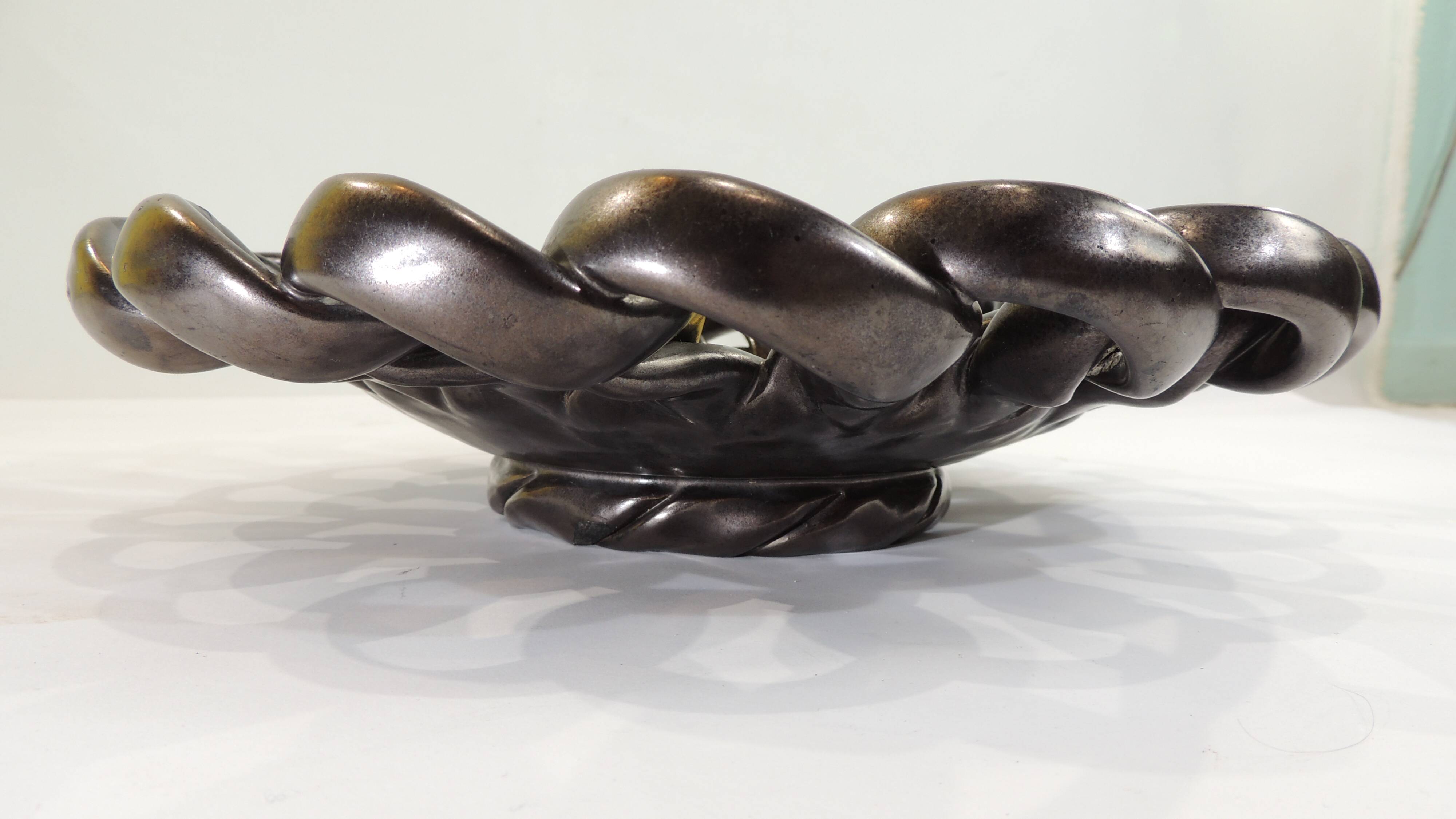 Iridescent brown and yellow braided ceramic cup/table center/Fruit bowl/Vallauris/Vintage