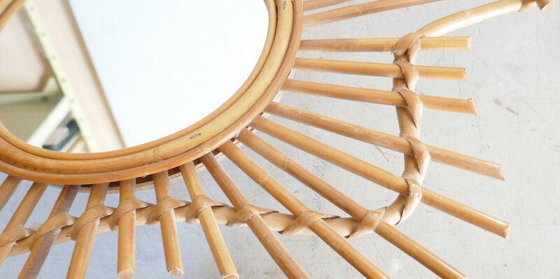Vintage rattan mirror guitar shape