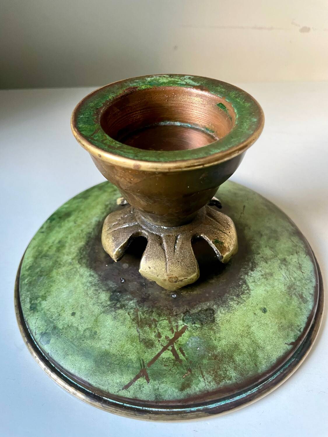 Scandinavian ART DECO candle holder in Bronze with verdigris patina