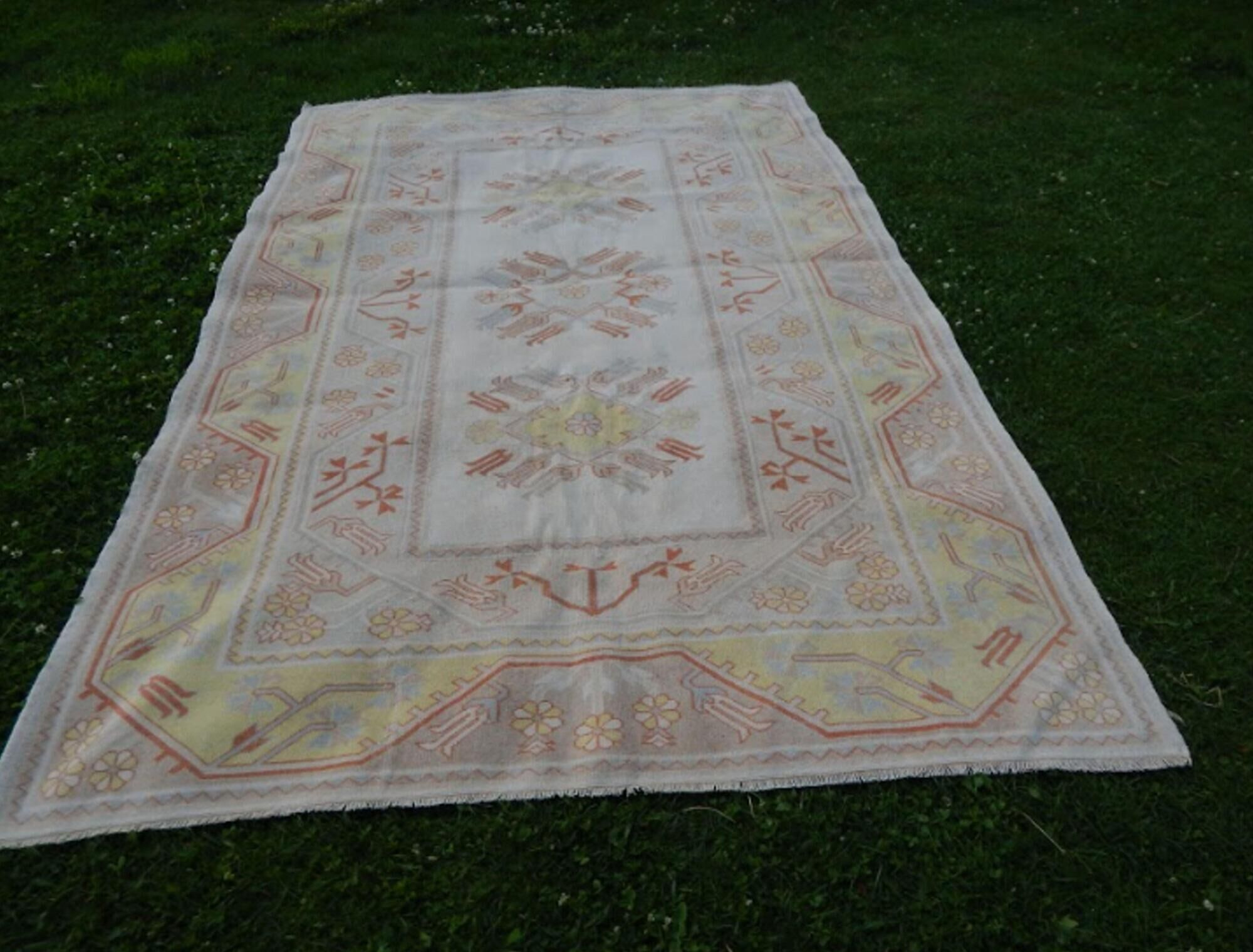 Hand-knotted orange low pile wool oushak rug 6′5″ × 9′5″ (195 x 287 cm)
