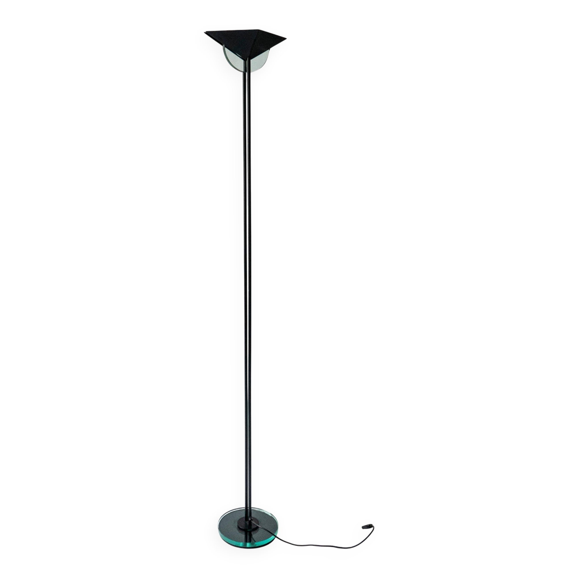 Vintage 1990s Fontana Arte Style Floor Lamp in Black Metal and Light Blue Glass