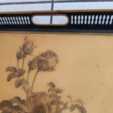 Large antique tray. Black openwork metal gallery and flower lithograph.