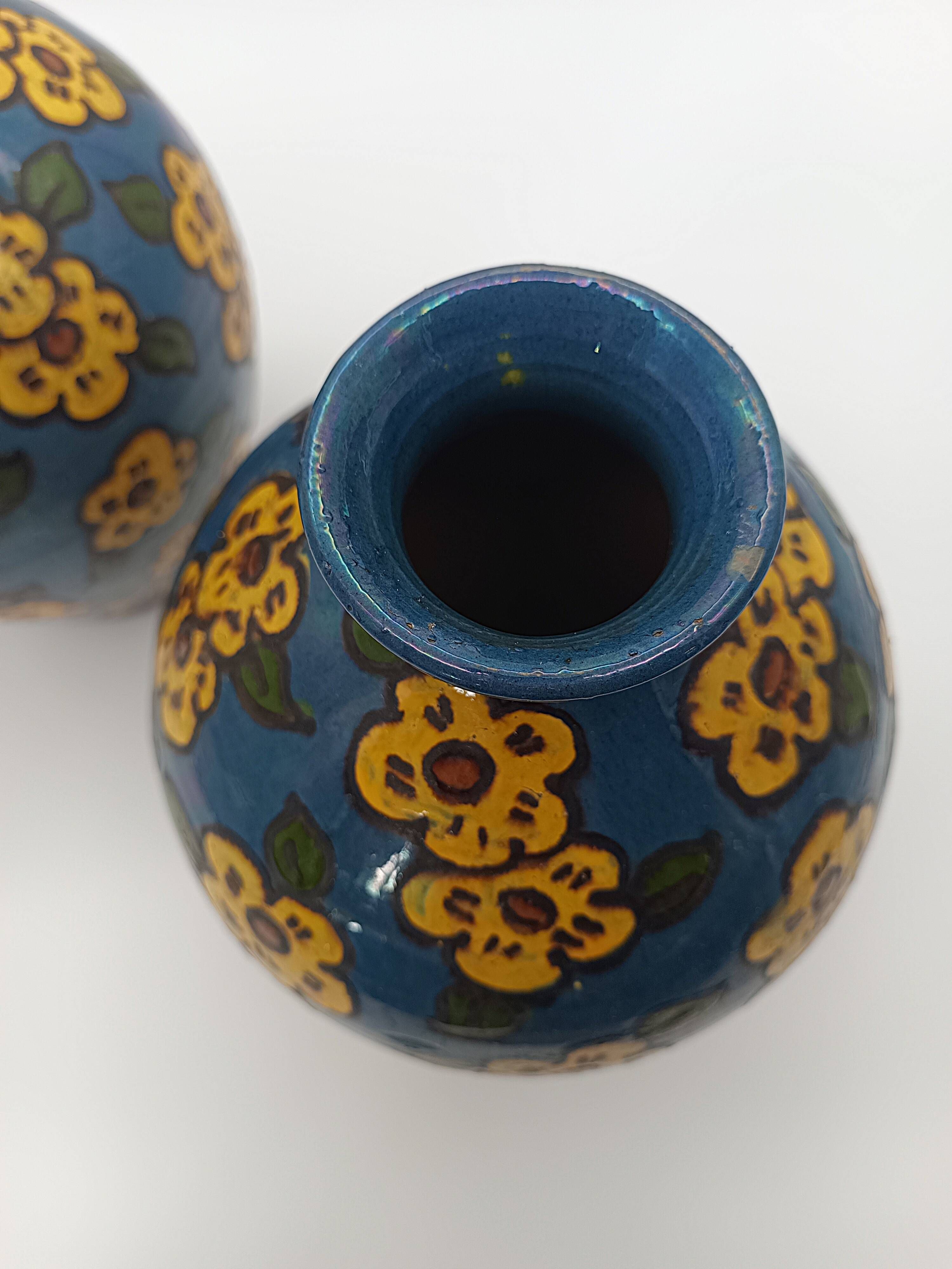 Pair of Large Art Deco Vases Émile Simonod H28cm Glazed Ceramic Blue