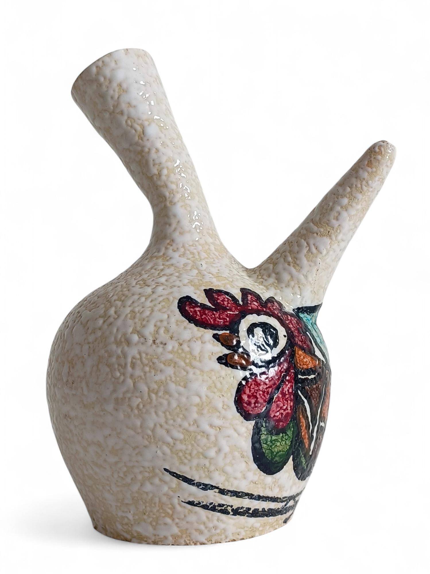 Vintage Spanish Ceramic Porrón, Hand-Painted Rooster, 1960s